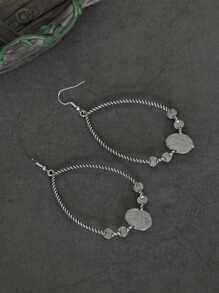 Oval Decor Water Drop Earrings - Antique Silver - View 4