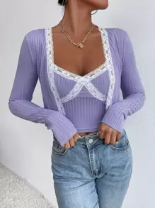 SHEIN Unity 2pcs Women Casual Ribbed Lace Trim Top Set - Lilac Purple - View 1