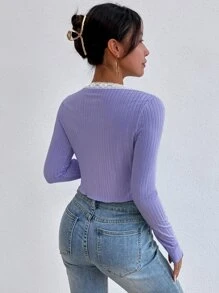 SHEIN Unity 2pcs Women Casual Ribbed Lace Trim Top Set - Lilac Purple - View 2