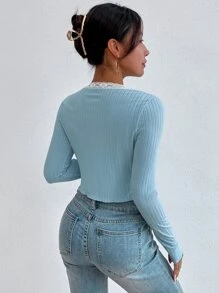 SHEIN Unity Lace Trim Open Front Top & Cami Top - Baby Blue - View 2