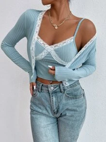SHEIN Unity Lace Trim Open Front Top & Cami Top - Baby Blue - View 4