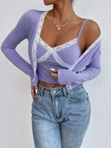 SHEIN Unity 2pcs Women Casual Ribbed Lace Trim Top Set - Lilac Purple - View 6
