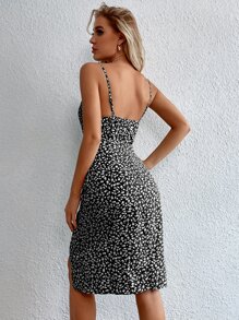 SHEIN VCAY 小碎花懸垂領開衩大腿吊帶連衣裙 - 黑與白 - 查看 2
