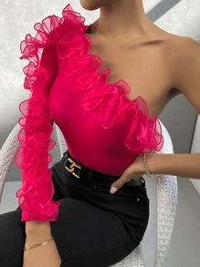 SHEIN Privé 單肩荷葉邊上衣 - 玫紅色 - 查看 1