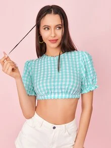 SHEIN Áo sơ mi nữ Xù nhỏ Kẻ sọc Giải trí - Xanh và trắng - Xem 3