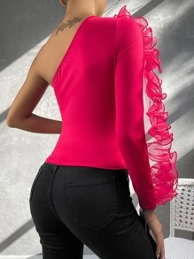 SHEIN Privé 單肩荷葉邊上衣 - 玫紅色 - 查看 2