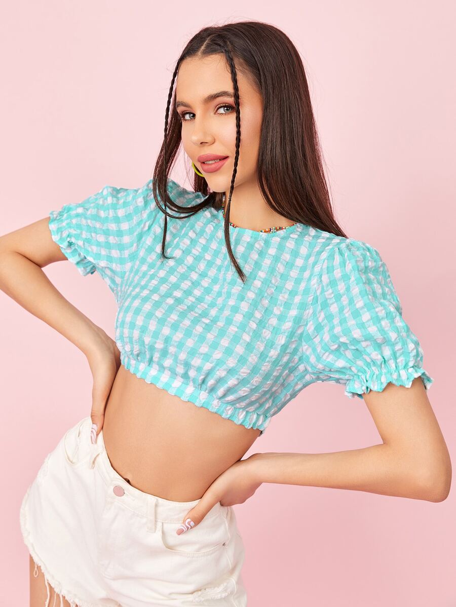 SHEIN Áo sơ mi nữ Xù nhỏ Kẻ sọc Giải trí - Xanh và trắng - Xem 1