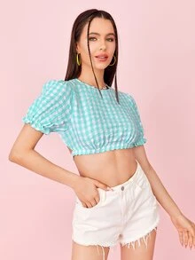 SHEIN Áo sơ mi nữ Xù nhỏ Kẻ sọc Giải trí - Xanh và trắng - Xem 5