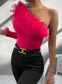 SHEIN Privé 單肩荷葉邊上衣 - 玫紅色 - 查看 4