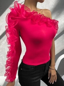 SHEIN Privé 單肩荷葉邊上衣 - 玫紅色 - 查看 5