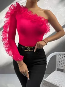 SHEIN Privé 單肩荷葉邊上衣 - 玫紅色 - 查看 6