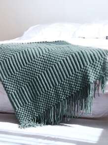Tassel Decor Knitted Blanket - Dark Green - View 3