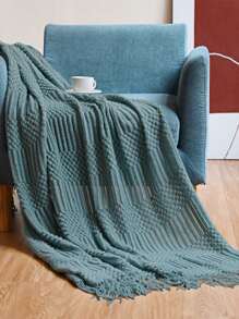 Tassel Decor Knitted Blanket - Dark Green - View 4