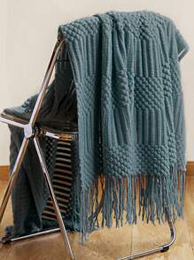 Tassel Decor Knitted Blanket - Dark Green - View 5