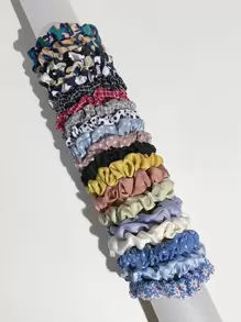 20 piezas/paquete Scrunchies de tela de unicolor y floral, suaves para el cabello, en colores azul claro, café, dulces, tie-dye, estampado de flores, accesorios de playa, accesorios esenciales para el cabello para mujeres para coleta y peinados - Multicolor - Ver 2