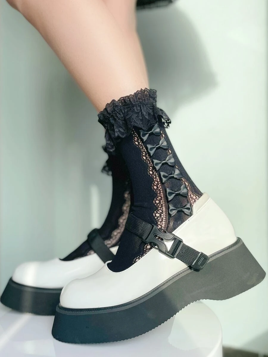 蝴蝶結裝飾中筒襪 - 黑色 - 查看 1