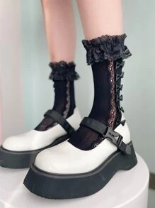 蝴蝶結裝飾中筒襪 - 黑色 - 查看 2