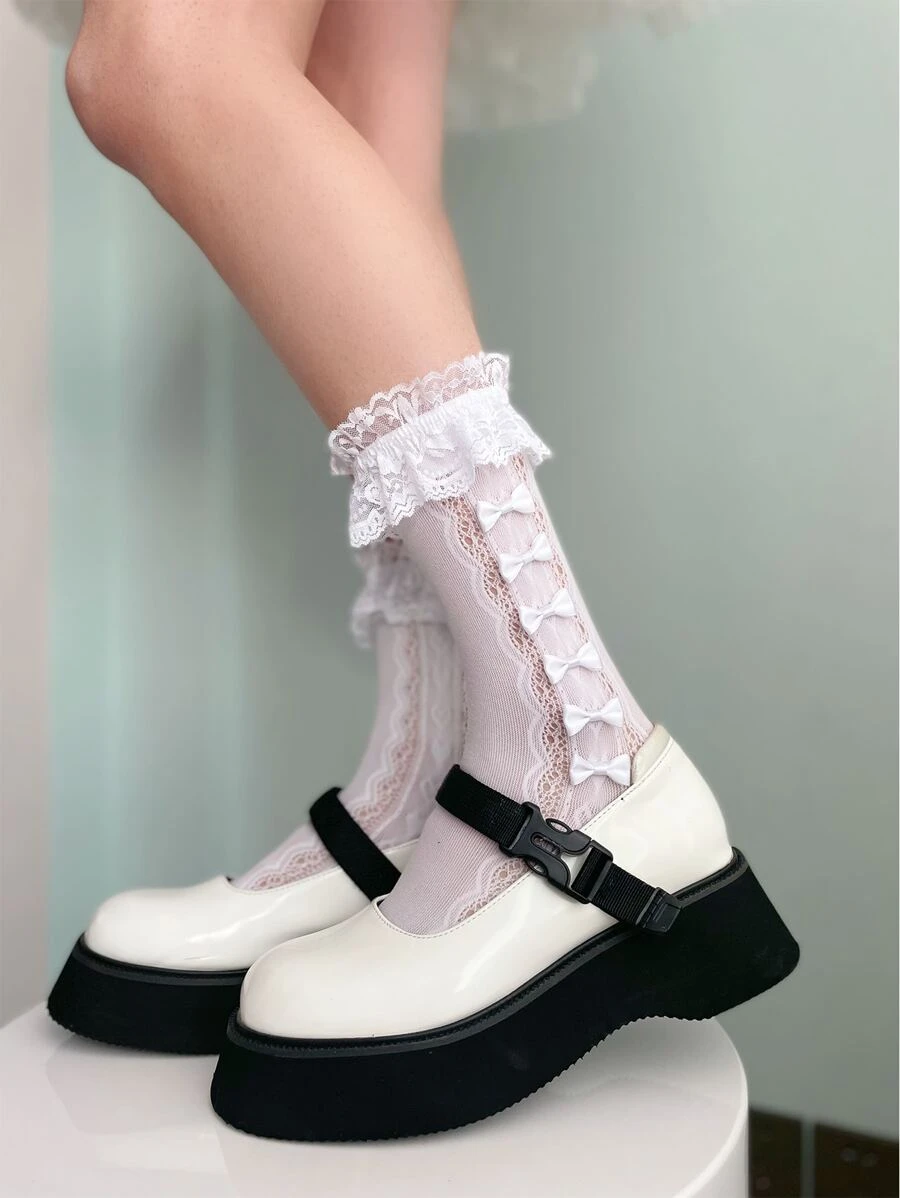 Bow Decor Lace Trim Socks - White - View 1