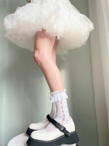 Bow Decor Lace Trim Socks - White - View 2