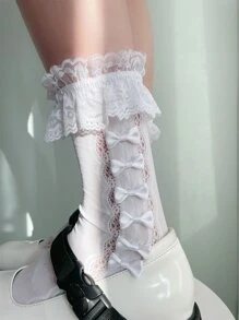 Bow Decor Lace Trim Socks - White - View 4
