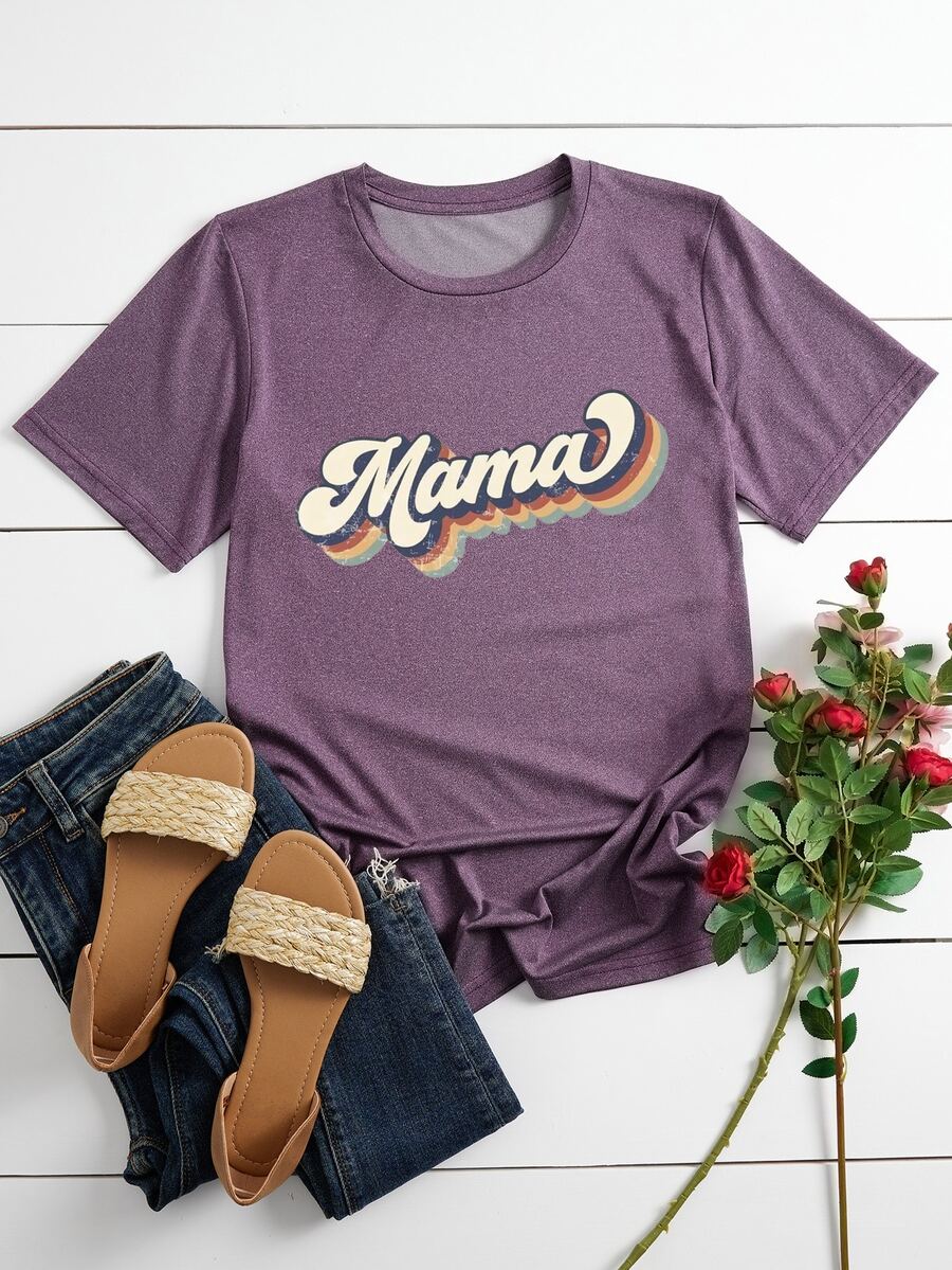 大碼字母圖案T恤 - 淡紫色 - 查看 1