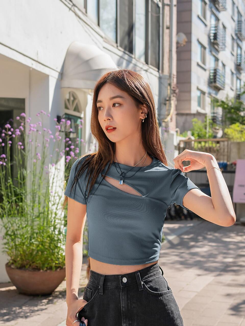 Solid Cut Out Crop Skinny Tee