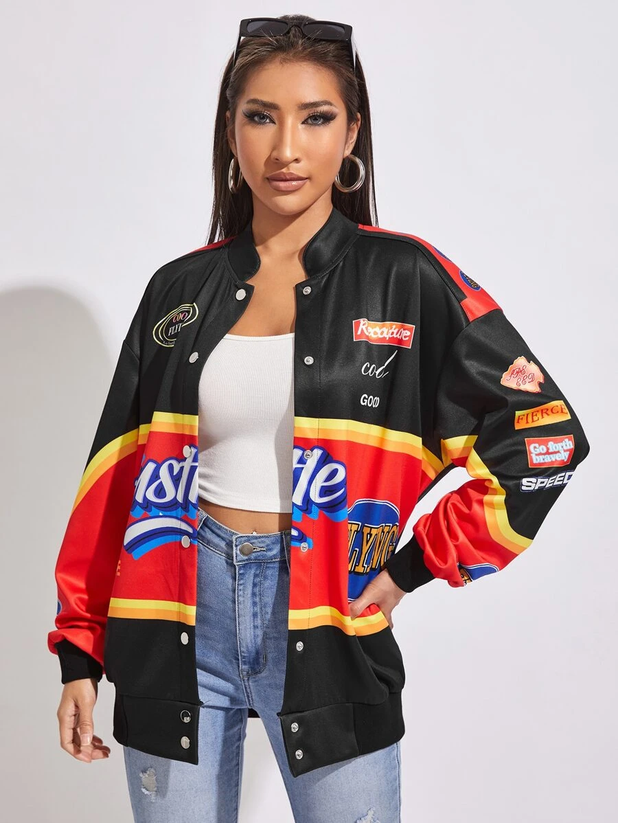 SHEIN Coolane Letter Graphic Drop Shoulder Colourblock Jacket - Multicolor - View 1