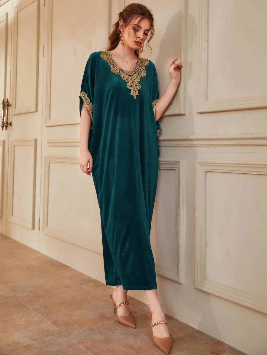 Al Najma Guipure Lace Panel Batwing Sleeve Velvet Kaftan - Teal Blue - View 1