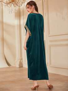 Al Najma Guipure Lace Panel Batwing Sleeve Velvet Kaftan - Teal Blue - View 2