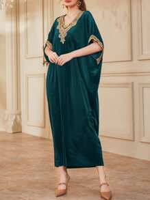 Al Najma Guipure Lace Panel Batwing Sleeve Velvet Kaftan - Teal Blue - View 4