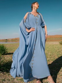 Al Najma Kaftan & Jalabiya Thắt lưng Pha lê kim cương màu trơn Hấp dẫn - Màu xanh bụi bặm - Xem 3