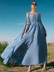 Al Najma Kaftan & Jalabiya Thắt lưng Pha lê kim cương màu trơn Hấp dẫn - Màu xanh bụi bặm - Xem 4