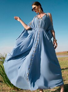 Al Najma Kaftan & Jalabiya Thắt lưng Pha lê kim cương màu trơn Hấp dẫn - Màu xanh bụi bặm - Xem 5