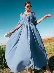 Al Najma Kaftan & Jalabiya Thắt lưng Pha lê kim cương màu trơn Hấp dẫn - Màu xanh bụi bặm - Xem 6