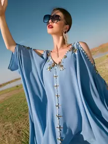 Al Najma Kaftan & Jalabiya Thắt lưng Pha lê kim cương màu trơn Hấp dẫn - Màu xanh bụi bặm - Xem 7