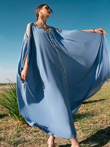 Al Najma Kaftan & Jalabiya Thắt lưng Pha lê kim cương màu trơn Hấp dẫn - Màu xanh bụi bặm - Xem 8