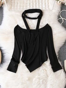 Áo thun Plus size Gân đan màu trơn Giải trí - màu đen - Xem 1