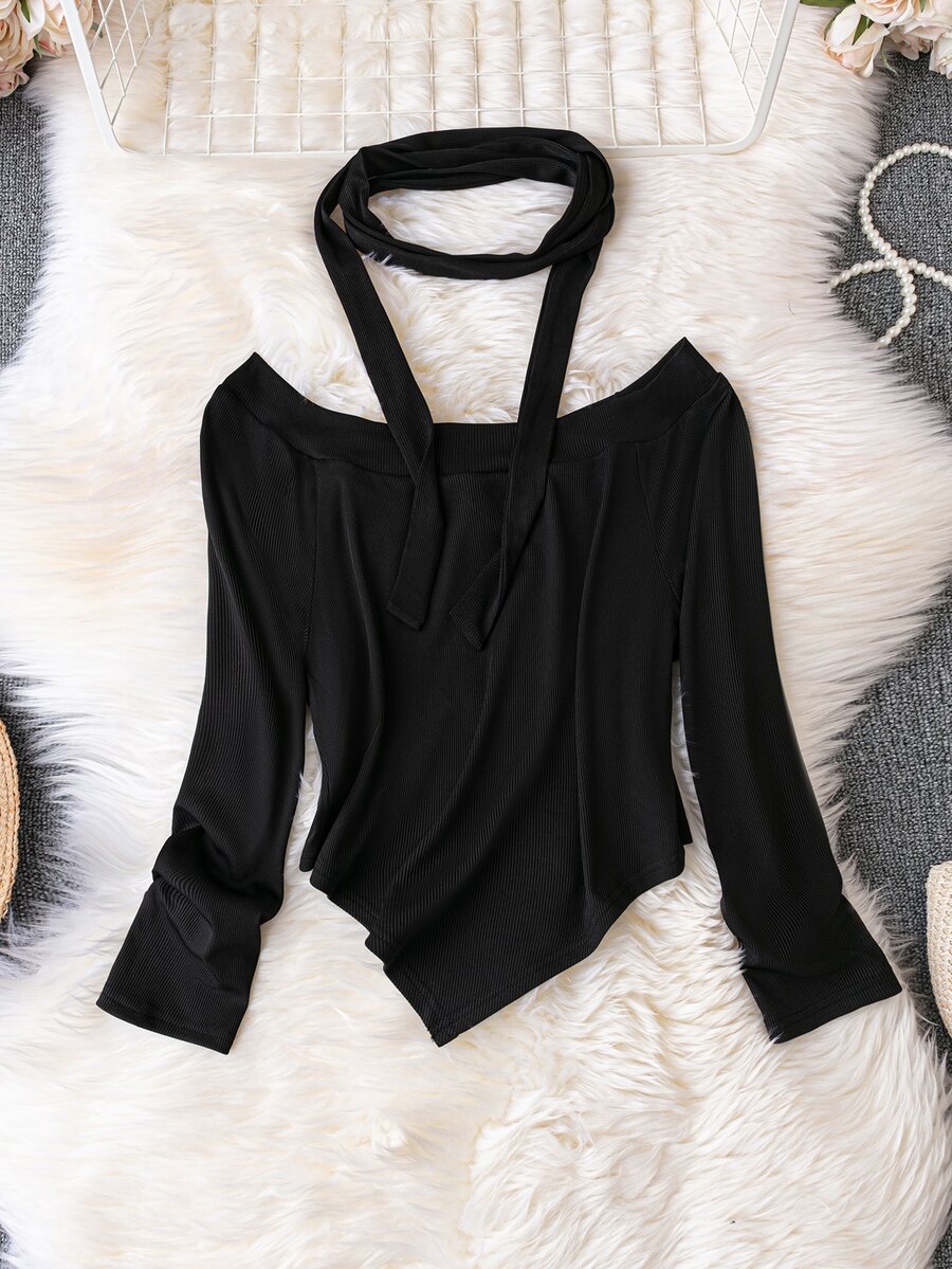 Áo thun Plus size Gân đan màu trơn Giải trí - màu đen - Xem 1