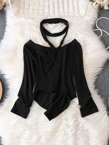 Áo thun Plus size Gân đan màu trơn Giải trí - màu đen - Xem 2