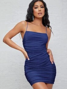 SHEIN BAE Ruched Detail Glitter Dress - Blue - View 1