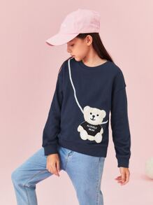SHEIN Girls Letter & Bear Embroidery Pattern Drop Shoulder Pullover - Navy Blue - View 1