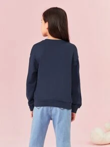 SHEIN Girls Letter & Bear Embroidery Pattern Drop Shoulder Pullover - Navy Blue - View 2