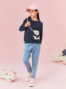 SHEIN Girls Letter & Bear Embroidery Pattern Drop Shoulder Pullover - Navy Blue - View 3