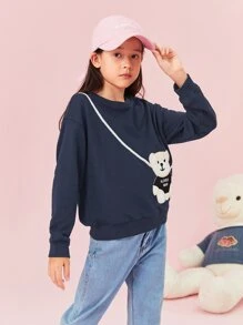 SHEIN Girls Letter & Bear Embroidery Pattern Drop Shoulder Pullover - Navy Blue - View 4