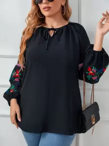Mulvari Plus Floral Embroidered Lantern Sleeve Tie Neck Blouse - Black - View 1