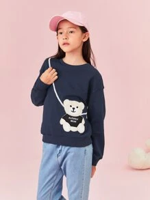 SHEIN Girls Letter & Bear Embroidery Pattern Drop Shoulder Pullover - Navy Blue - View 5