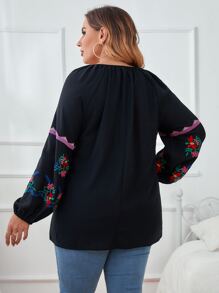 Mulvari Plus Floral Embroidered Lantern Sleeve Tie Neck Blouse - Black - View 2