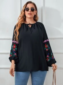 Mulvari Plus Floral Embroidered Lantern Sleeve Tie Neck Blouse - Black - View 3