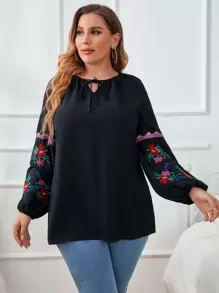 Mulvari Plus Floral Embroidered Lantern Sleeve Tie Neck Blouse - Black - View 4