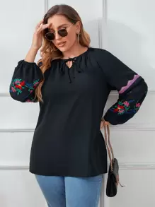 Mulvari Plus Floral Embroidered Lantern Sleeve Tie Neck Blouse - Black - View 5